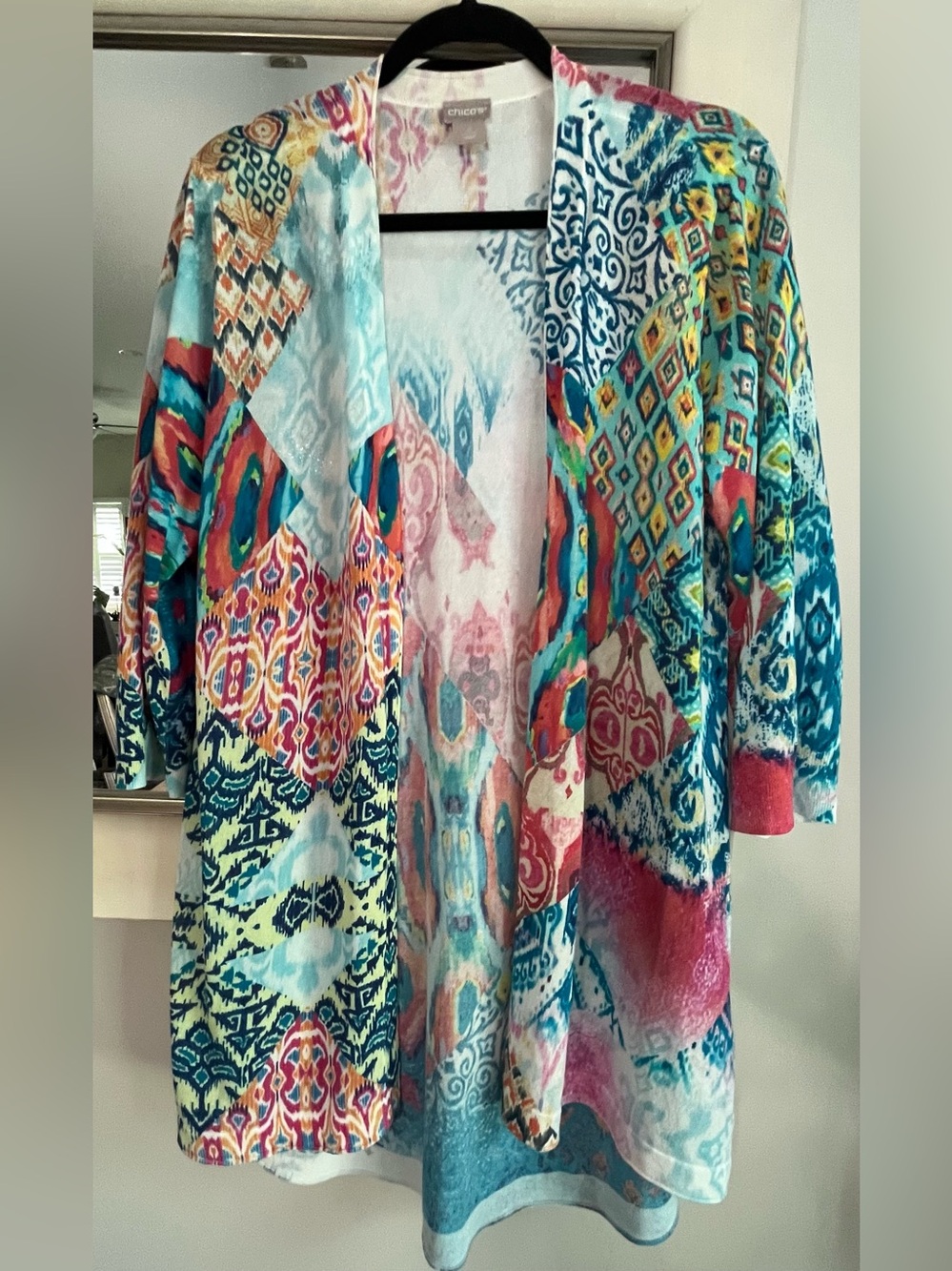 Chico's Multicolor Geometric Patchwork Ikat Open Front Cardigan Boho Size Large